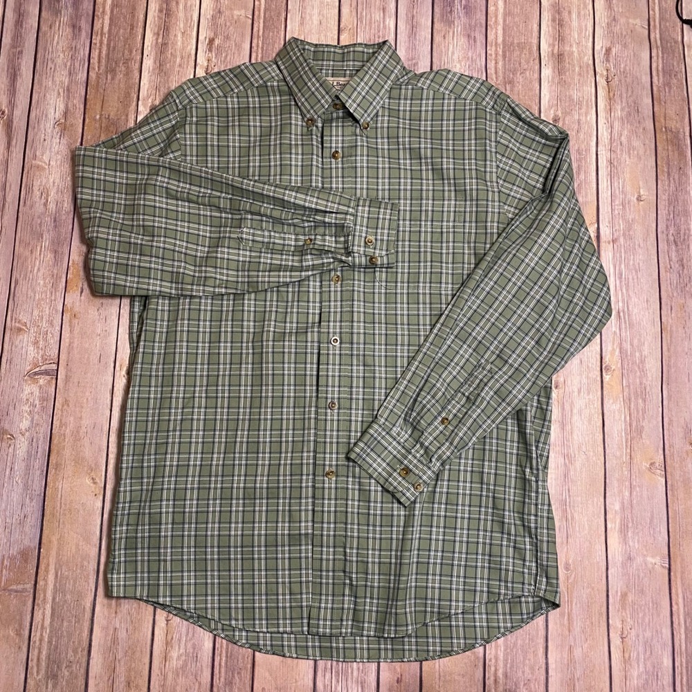 LL Bean Mens Traditional Fit Plaid Button Down Shirt Green Cotton Medium